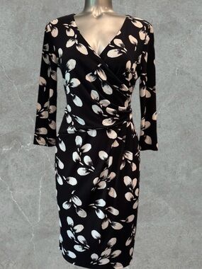 2 for $30 | Evan Picone Black & White Floral Wrap-Style Midi Dress